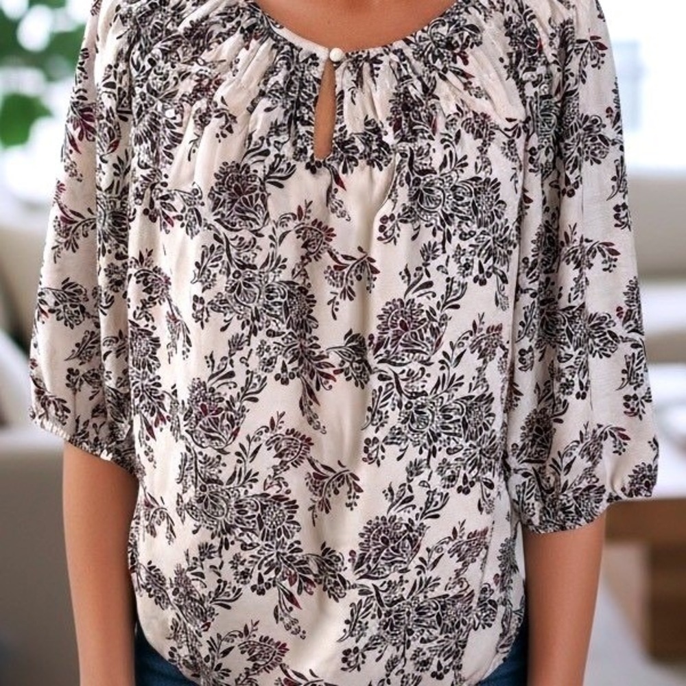 LOFT Floral Print Peasant Top Blouse Keyhole Neckline 3/4 Sleeves MP‎ Boho Chic